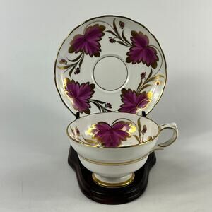 Copelands Grosvenor China England Teacup Saucer Set Purple Floral Gold Trim